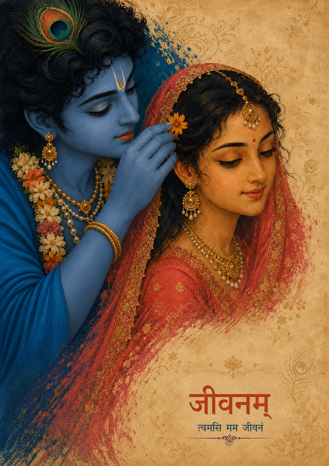 जीवनम् Radha Krishna Premium Artwork showing Krishna placing a flower in Radha's hair