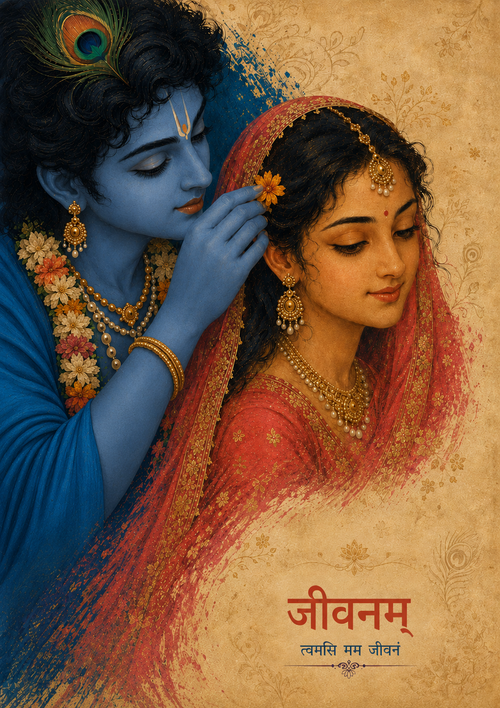 जीवनम् Radha Krishna Premium Artwork showing Krishna placing a flower in Radha's hair