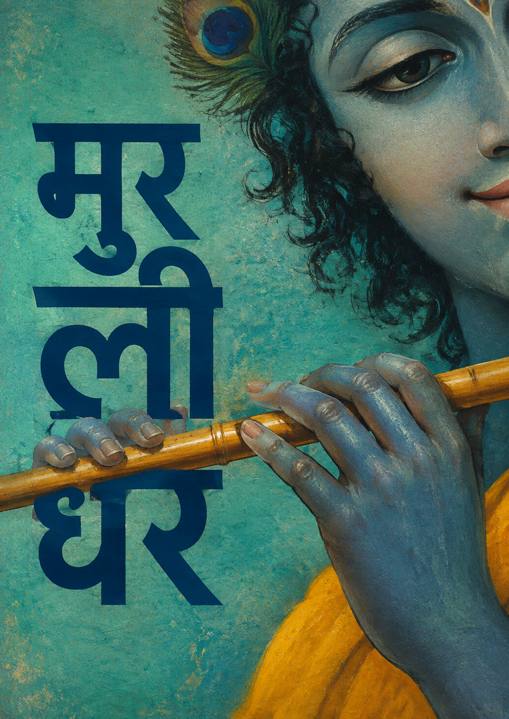 मुरलीधर Krishna Premium Artwork showing Krishna's flute, peacock feather and turquoise portrait