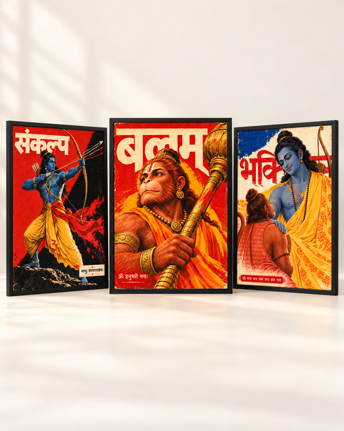 Three black-framed artworks of Ram and Hanuman